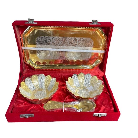 Rare Indian 5 Pc Gold and Silver Flashed Metal Sauce Set in Velvet Box Vintage - Picture 12 of 12